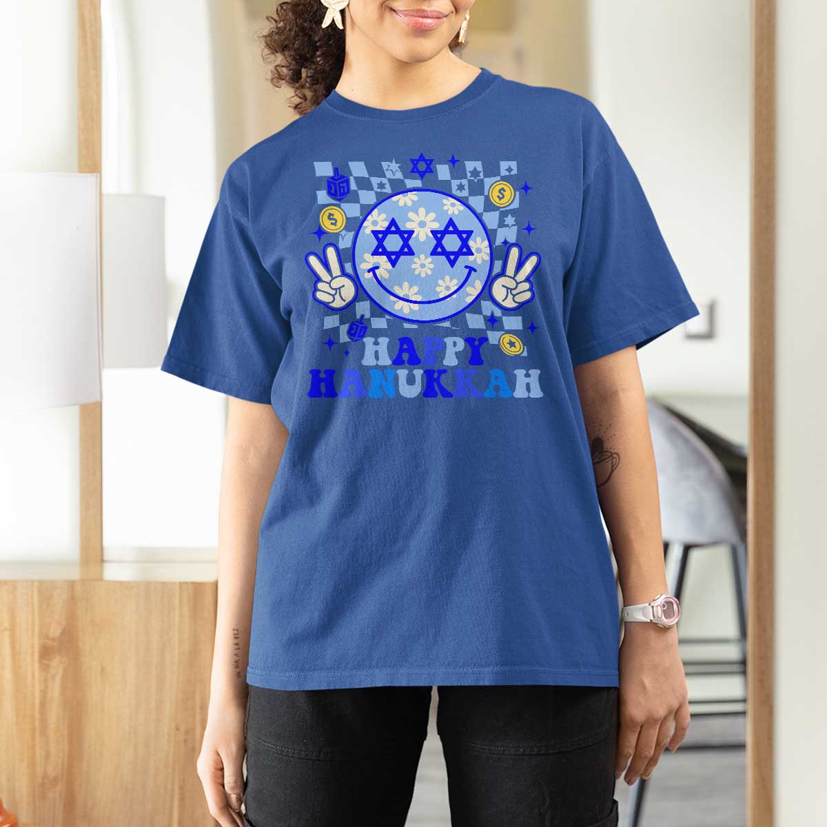 Happy Hanukkah T Shirt For Women Groovy Star Of David Smile Face Chanukah Pajama - Wonder Print Shop