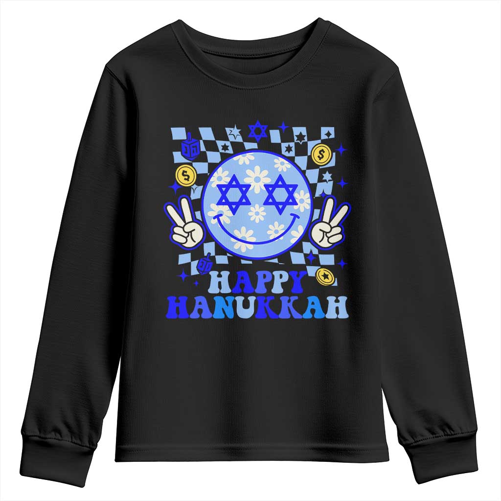 Happy Hanukkah Youth Sweatshirt Groovy Star Of David Smile Face Chanukah Pajama - Wonder Print Shop