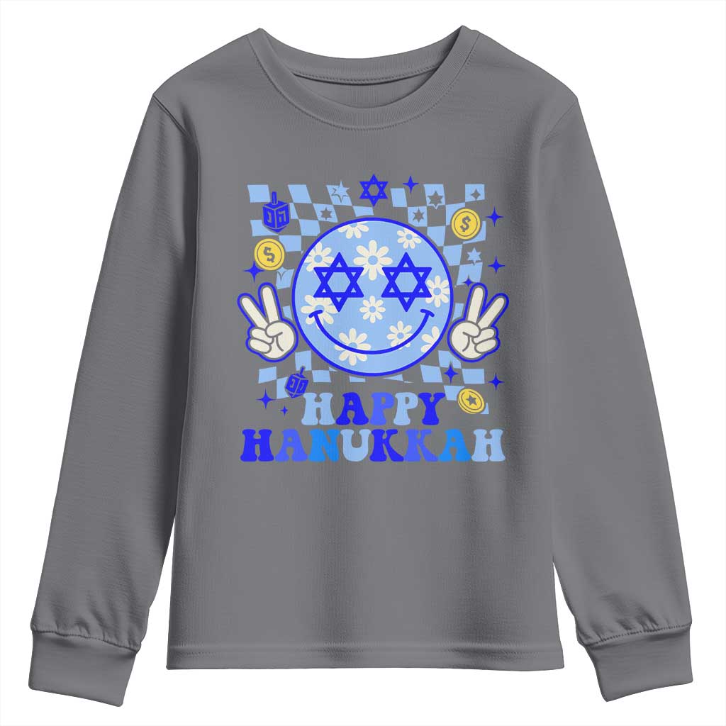 Happy Hanukkah Youth Sweatshirt Groovy Star Of David Smile Face Chanukah Pajama - Wonder Print Shop