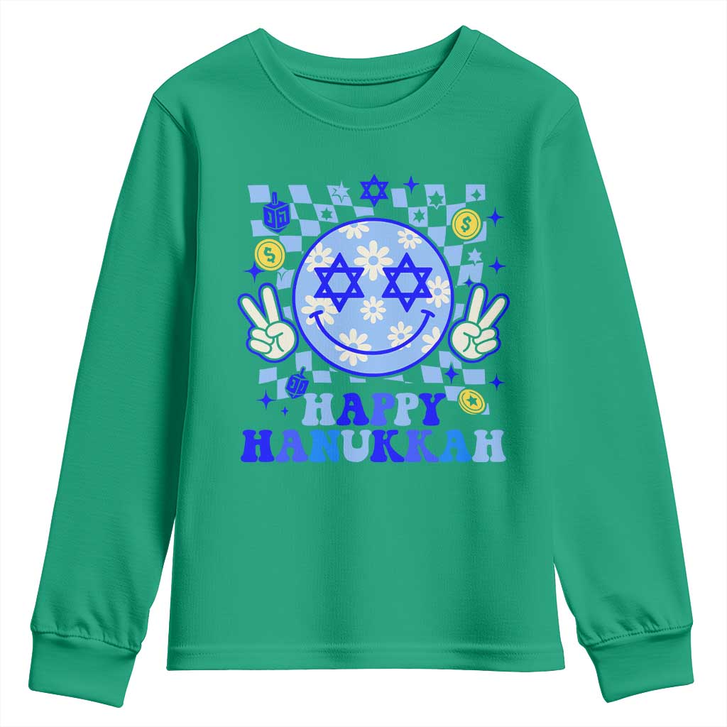 Happy Hanukkah Youth Sweatshirt Groovy Star Of David Smile Face Chanukah Pajama - Wonder Print Shop