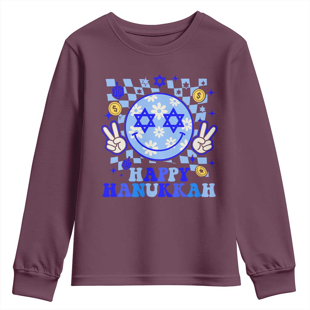 Happy Hanukkah Youth Sweatshirt Groovy Star Of David Smile Face Chanukah Pajama - Wonder Print Shop
