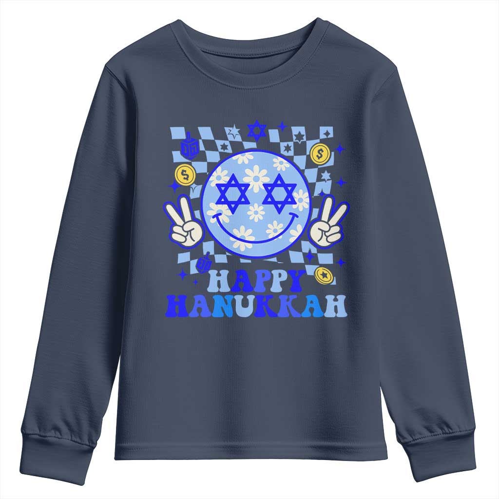 Happy Hanukkah Youth Sweatshirt Groovy Star Of David Smile Face Chanukah Pajama - Wonder Print Shop