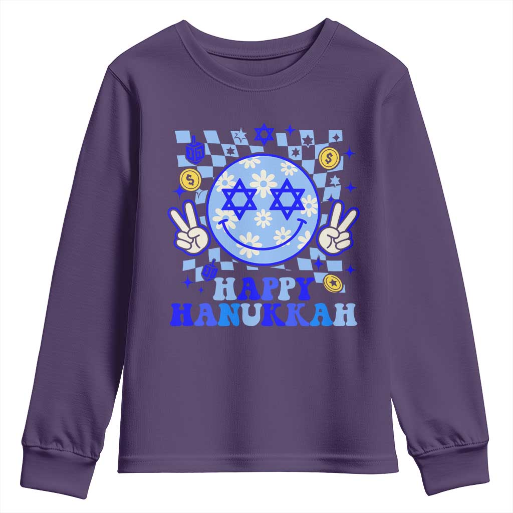 Happy Hanukkah Youth Sweatshirt Groovy Star Of David Smile Face Chanukah Pajama - Wonder Print Shop