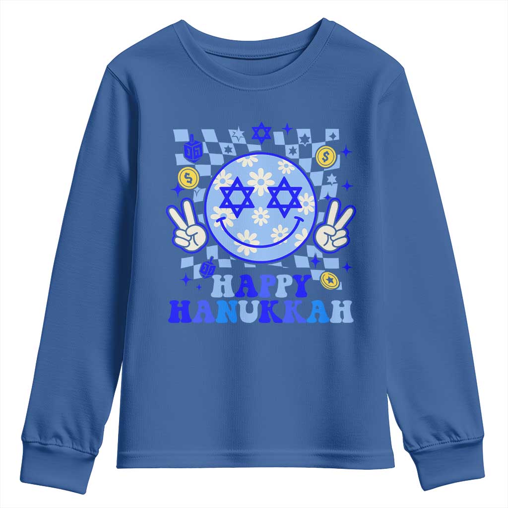 Happy Hanukkah Youth Sweatshirt Groovy Star Of David Smile Face Chanukah Pajama - Wonder Print Shop