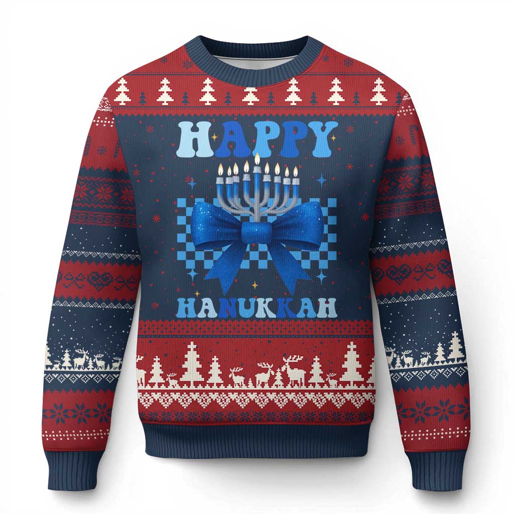 Coquette Hanukkah Ugly Christmas Sweater Jewish Menorah Bow Girls - Wonder Print Shop