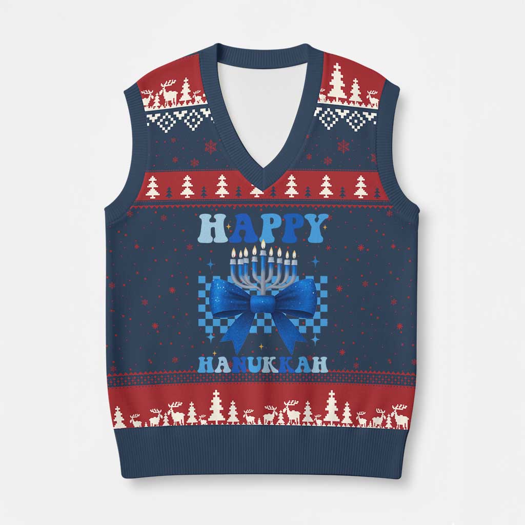 Coquette Hanukkah V-Neck Knit Sweater Vest Jewish Menorah Bow Girls - Wonder Print Shop