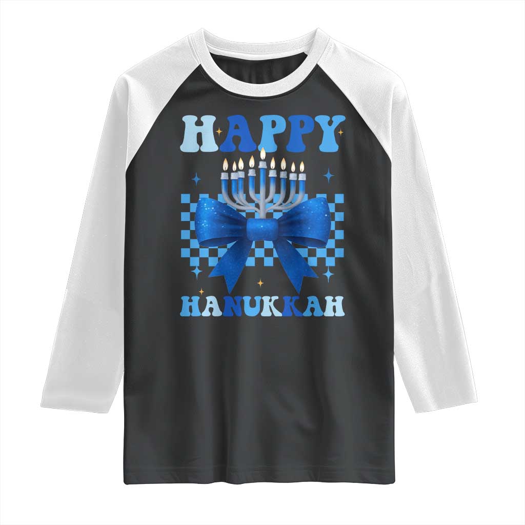 Coquette Hanukkah Raglan Shirt Jewish Menorah Bow Girls - Wonder Print Shop