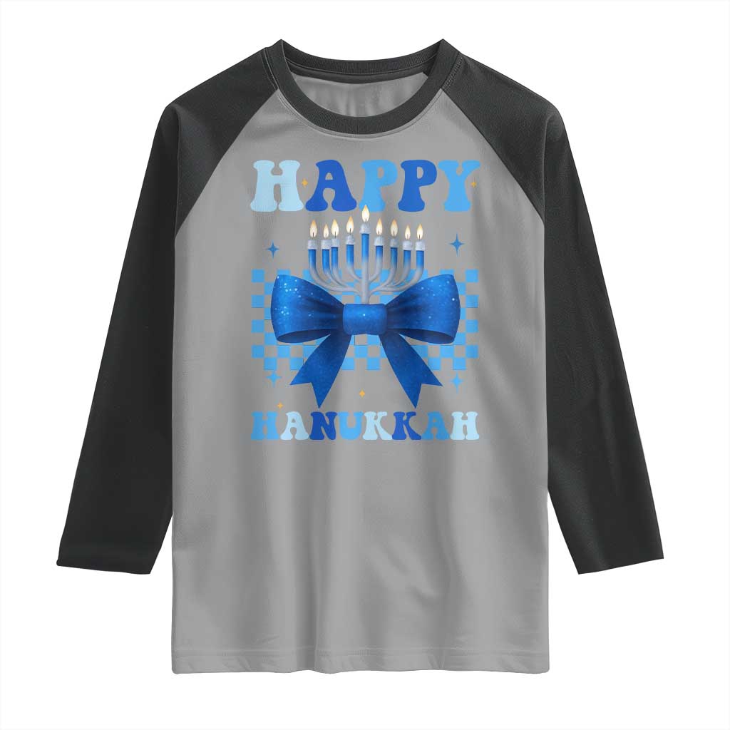 Coquette Hanukkah Raglan Shirt Jewish Menorah Bow Girls - Wonder Print Shop