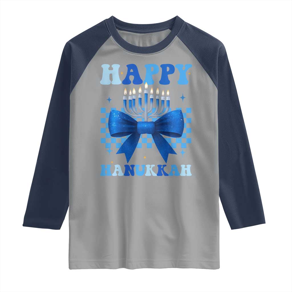 Coquette Hanukkah Raglan Shirt Jewish Menorah Bow Girls - Wonder Print Shop