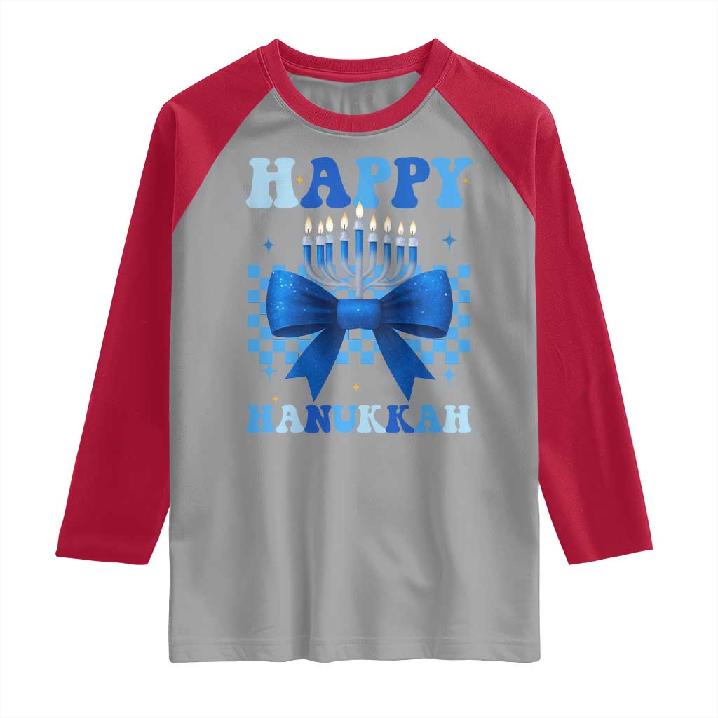 Coquette Hanukkah Raglan Shirt Jewish Menorah Bow Girls - Wonder Print Shop