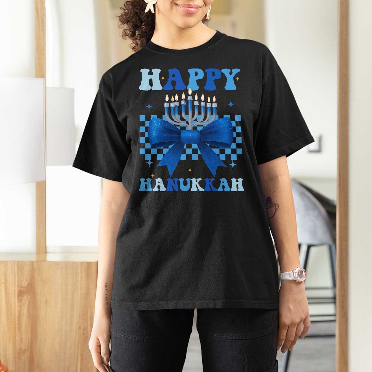 Coquette Hanukkah T Shirt For Women Jewish Menorah Bow Girls - Wonder Print Shop