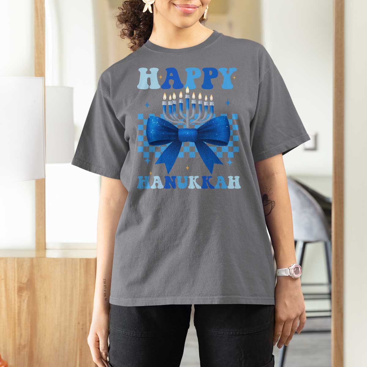 Coquette Hanukkah T Shirt For Women Jewish Menorah Bow Girls - Wonder Print Shop
