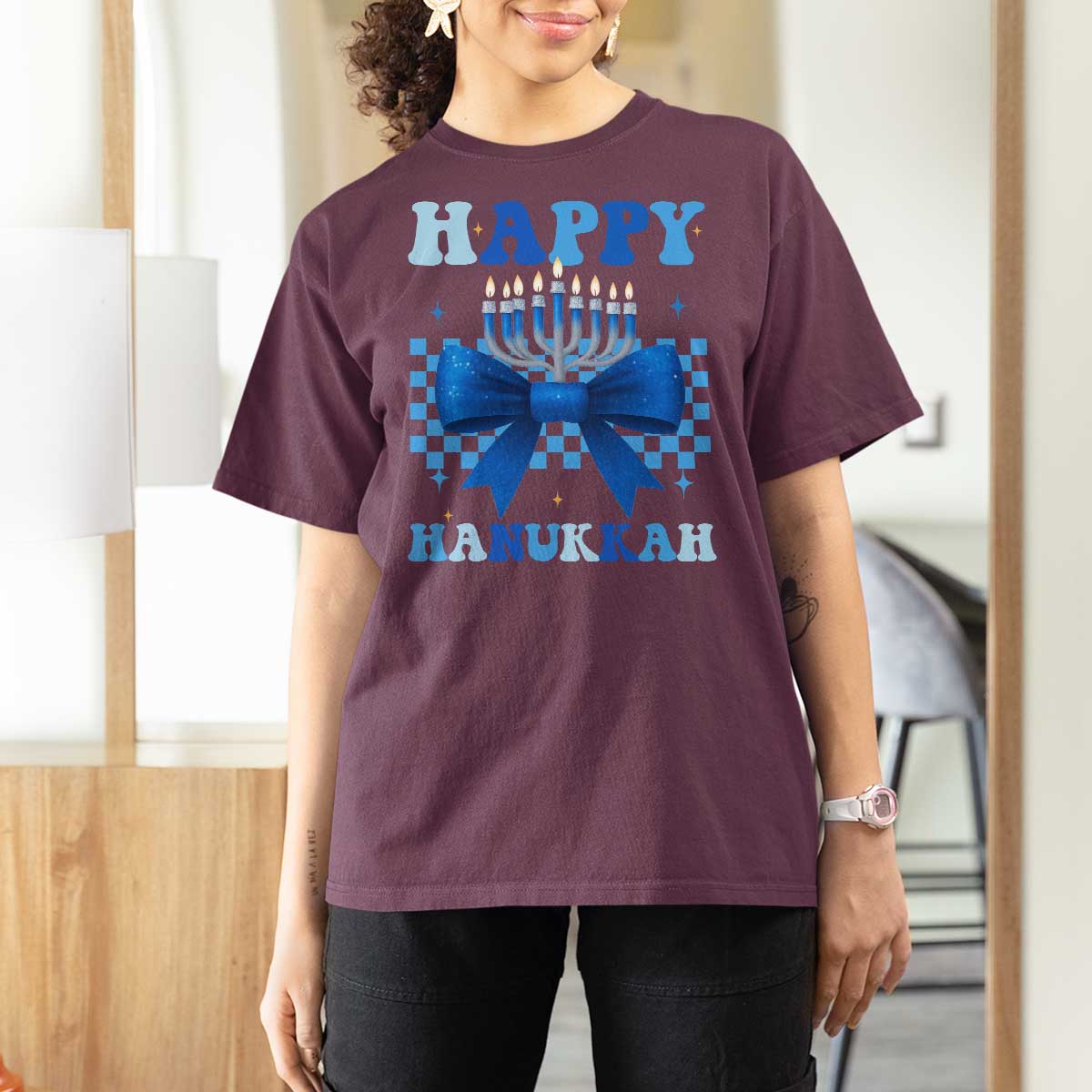 Coquette Hanukkah T Shirt For Women Jewish Menorah Bow Girls - Wonder Print Shop