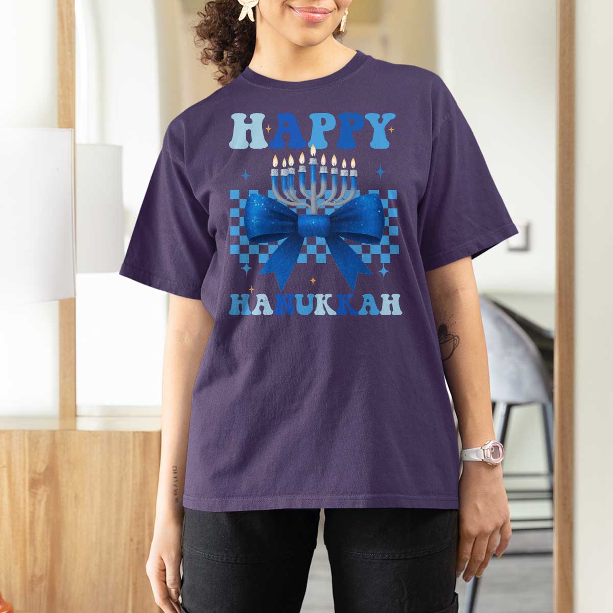 Coquette Hanukkah T Shirt For Women Jewish Menorah Bow Girls - Wonder Print Shop
