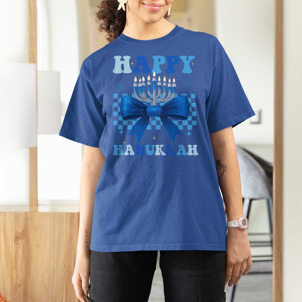 Coquette Hanukkah T Shirt For Women Jewish Menorah Bow Girls - Wonder Print Shop