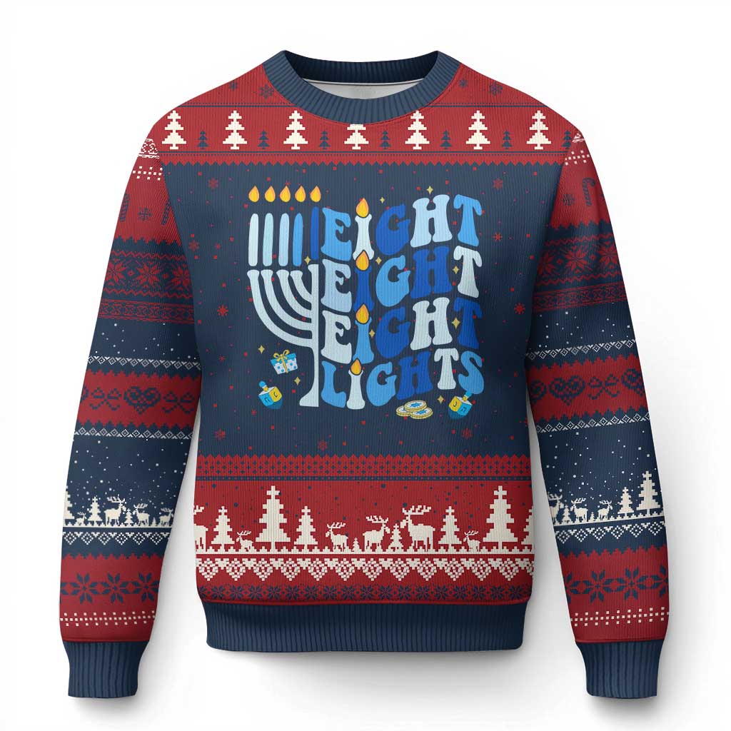 Happy Hanukkah Ugly Christmas Sweater Retro Groovy Eight Nights and Eight Lights - Wonder Print Shop
