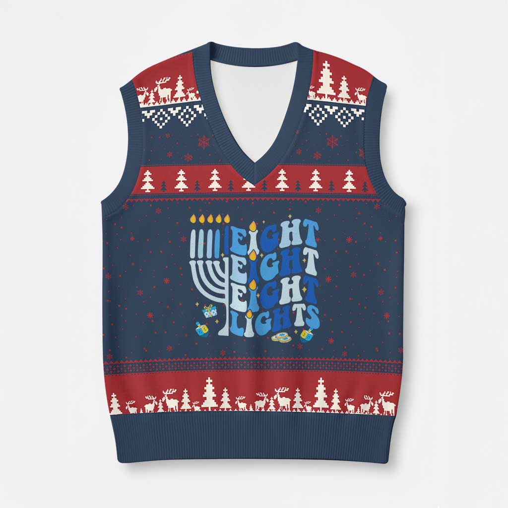 Happy Hanukkah V-Neck Knit Sweater Vest Retro Groovy Eight Nights and Eight Lights - Wonder Print Shop