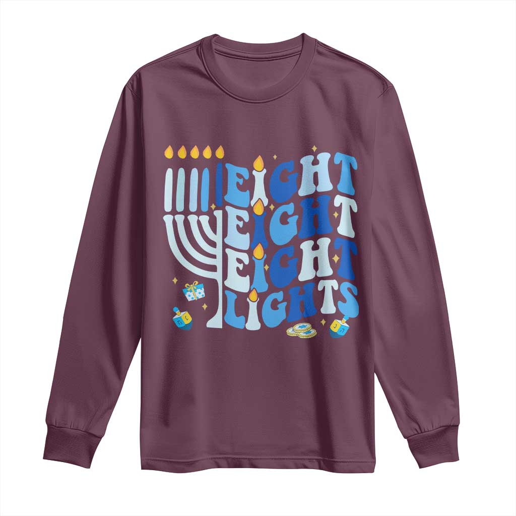 Happy Hanukkah Long Sleeve Shirt Retro Groovy Eight Nights and Eight Lights - Wonder Print Shop