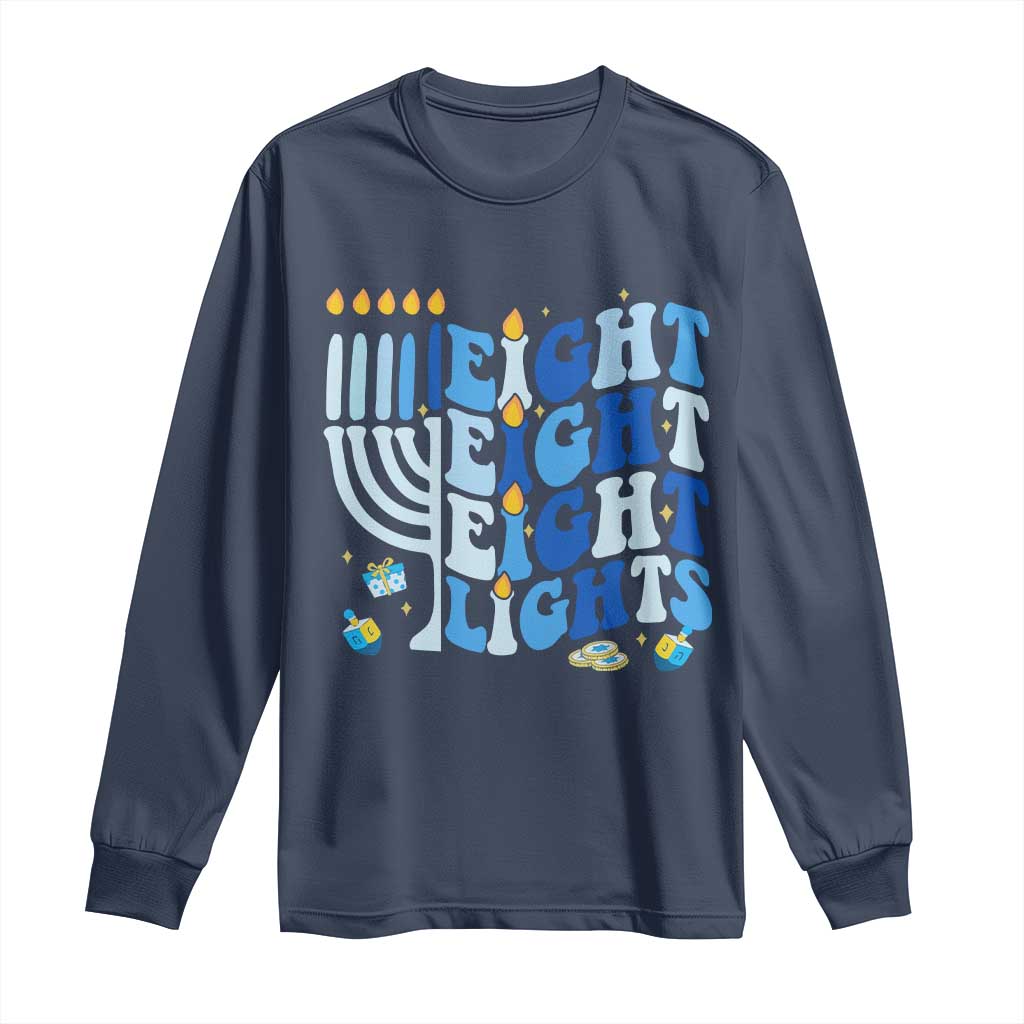 Happy Hanukkah Long Sleeve Shirt Retro Groovy Eight Nights and Eight Lights - Wonder Print Shop