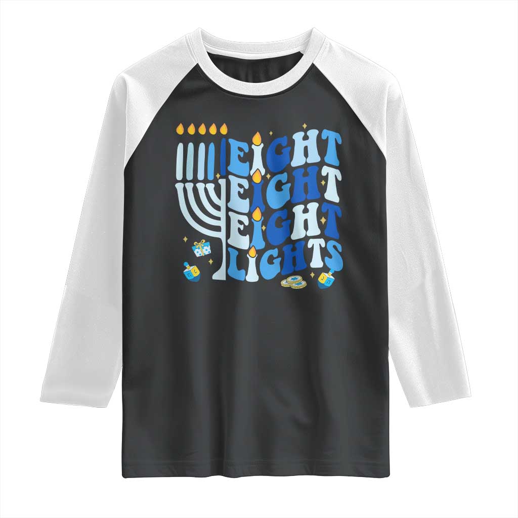 Happy Hanukkah Raglan Shirt Retro Groovy Eight Nights and Eight Lights - Wonder Print Shop