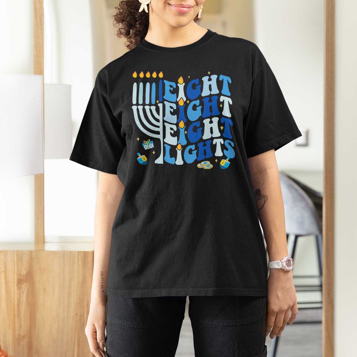 Happy Hanukkah T Shirt For Women Retro Groovy Eight Nights and Eight Lights - Wonder Print Shop