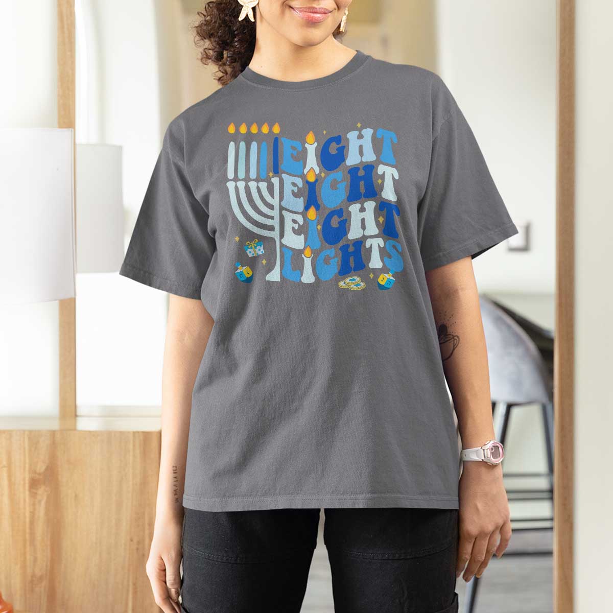 Happy Hanukkah T Shirt For Women Retro Groovy Eight Nights and Eight Lights - Wonder Print Shop