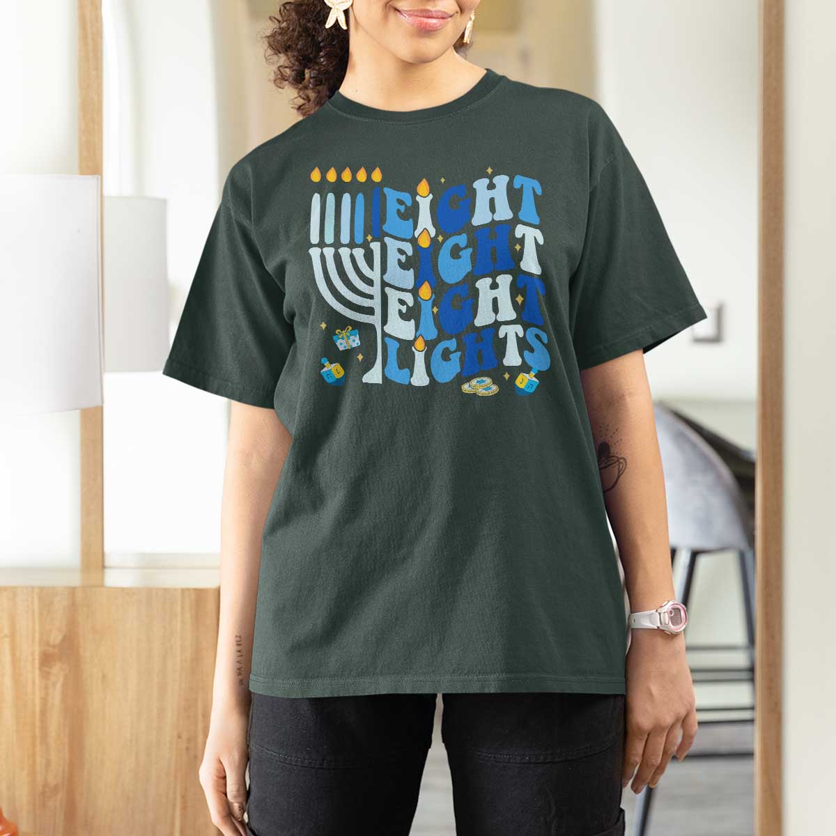 Happy Hanukkah T Shirt For Women Retro Groovy Eight Nights and Eight Lights - Wonder Print Shop
