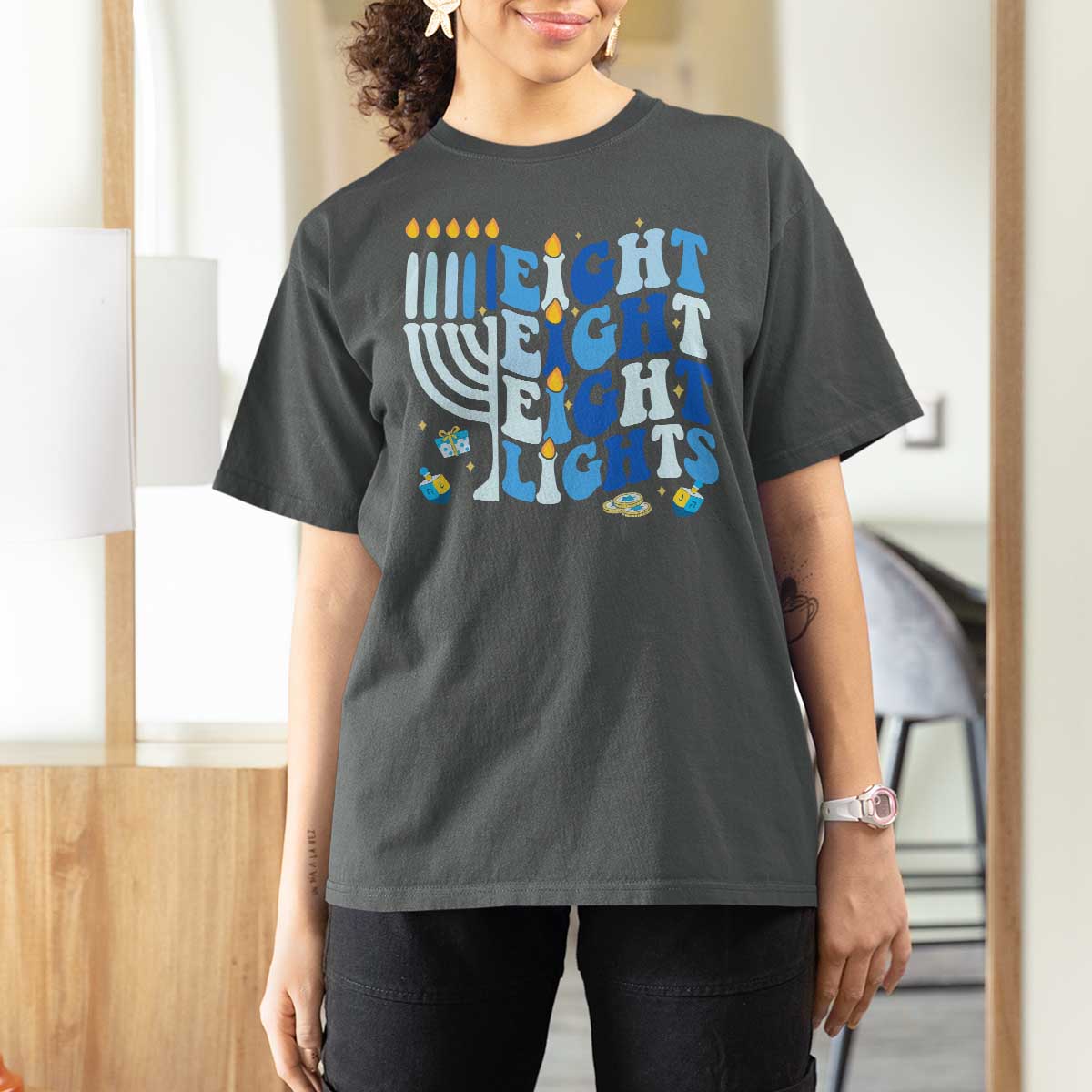 Happy Hanukkah T Shirt For Women Retro Groovy Eight Nights and Eight Lights - Wonder Print Shop