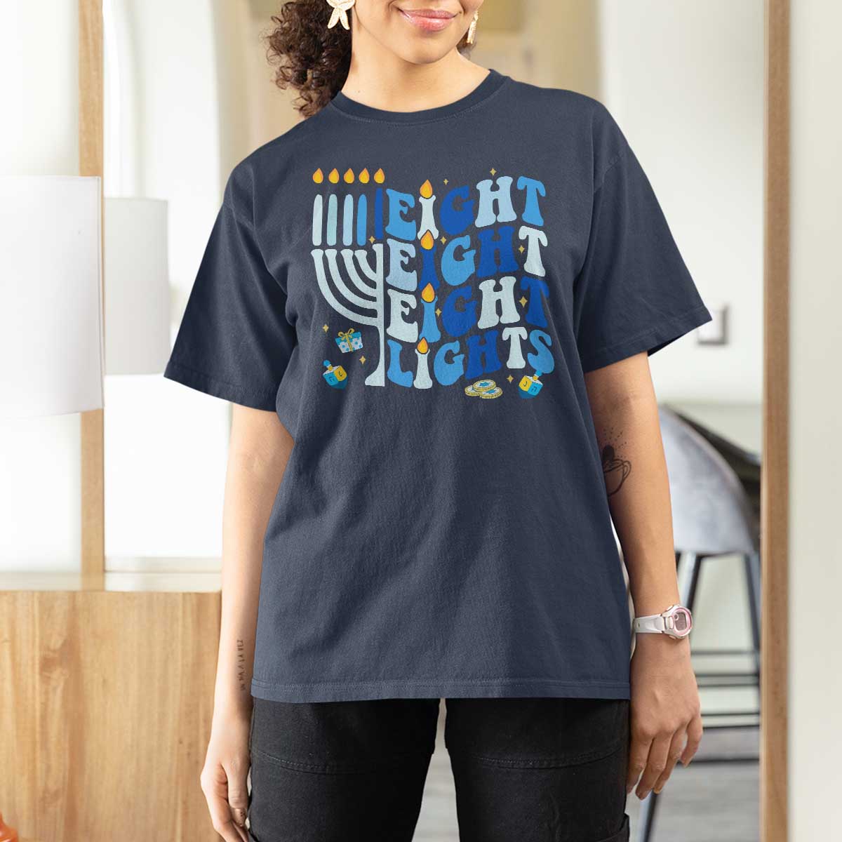 Happy Hanukkah T Shirt For Women Retro Groovy Eight Nights and Eight Lights - Wonder Print Shop
