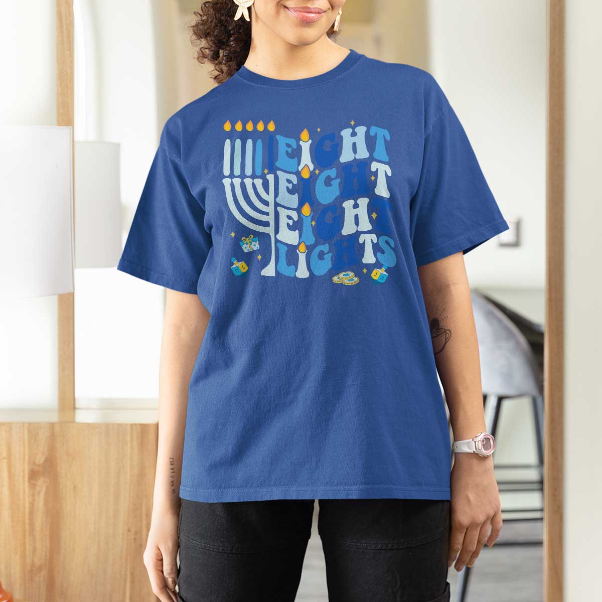 Happy Hanukkah T Shirt For Women Retro Groovy Eight Nights and Eight Lights - Wonder Print Shop