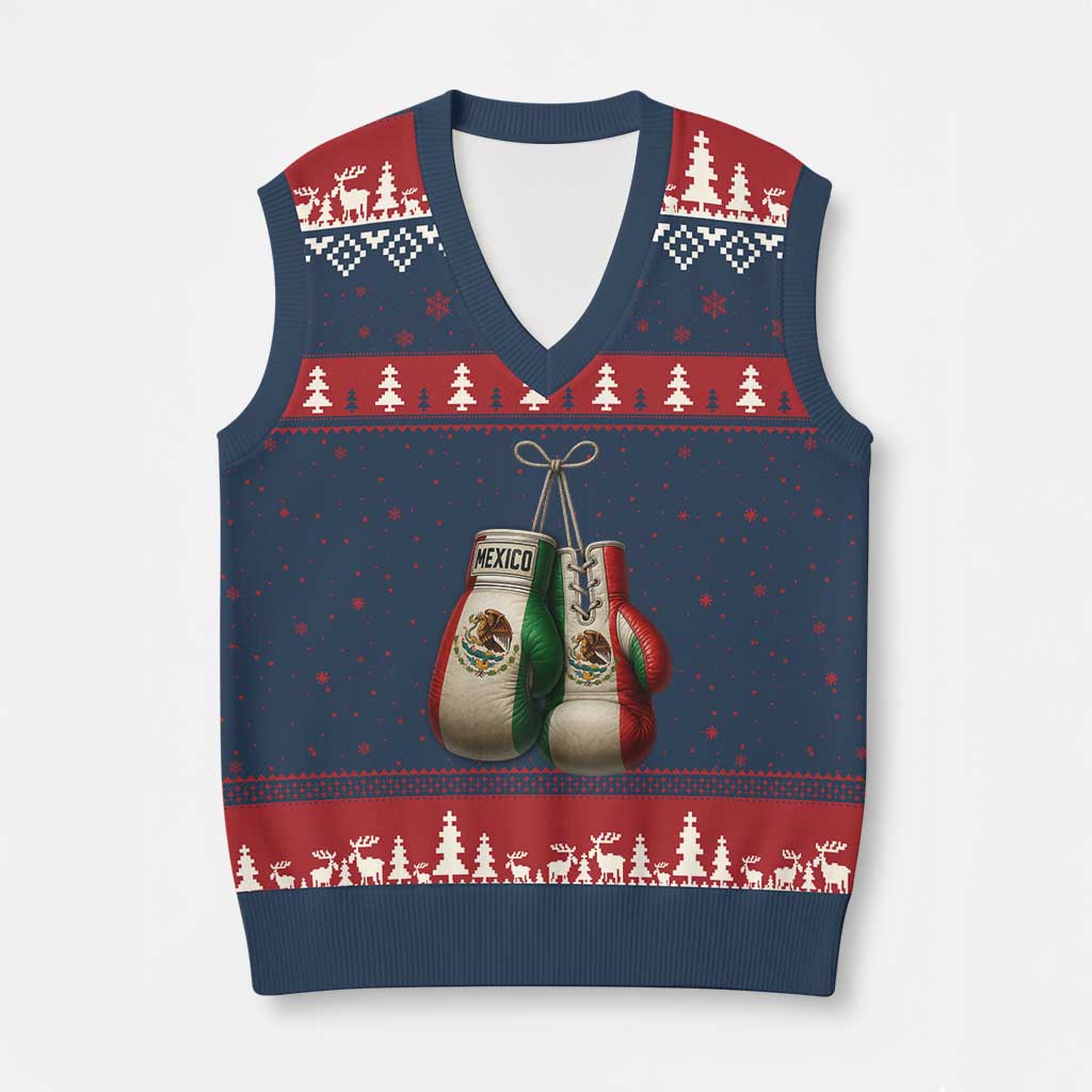 Mexican Boxing Gloves V-Neck Knit Sweater Vest Retro Vintage Mexico Flag Boxer