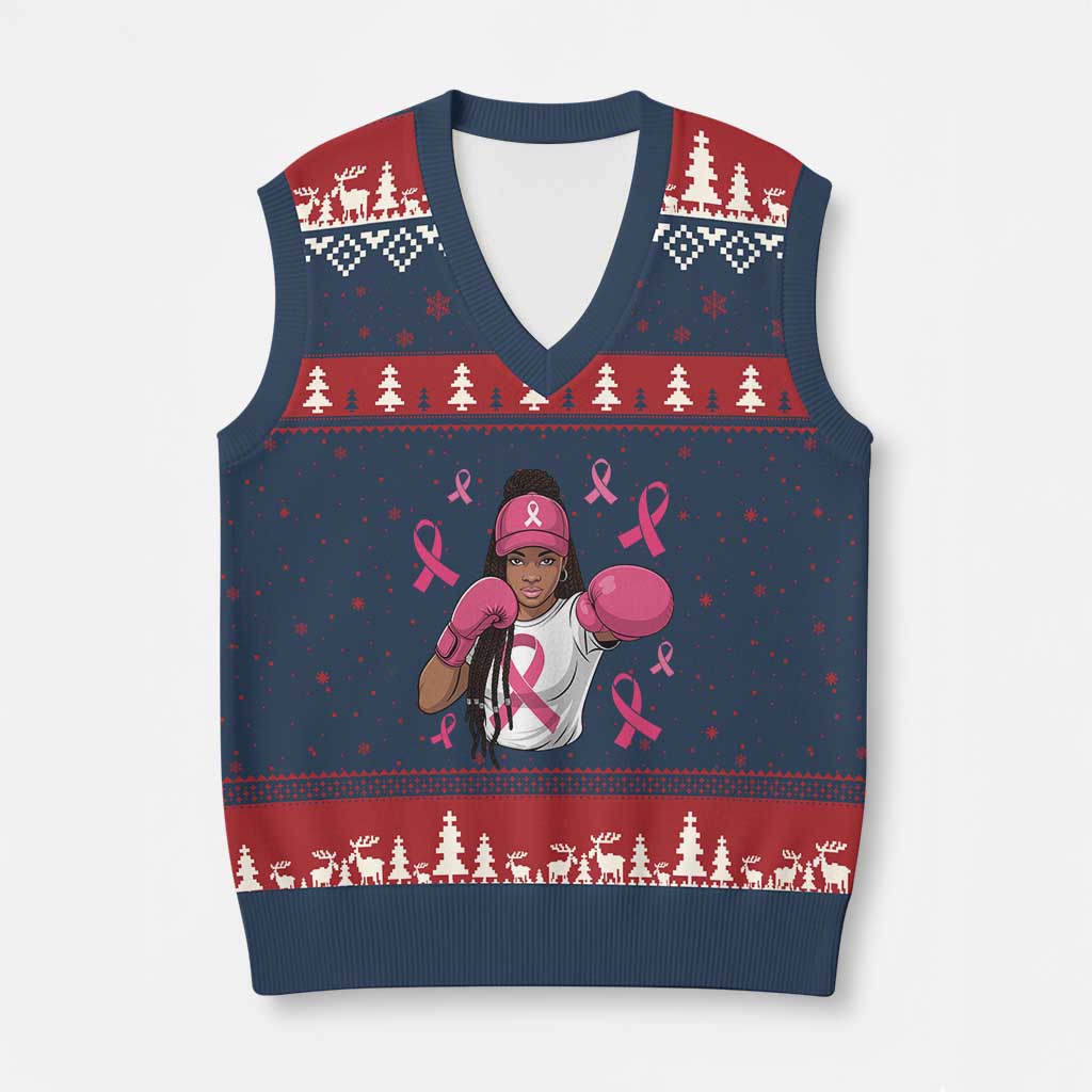 Black Women Fight Breast Cancer Awareness V-Neck Knit Sweater Vest Pink Ribbon African American