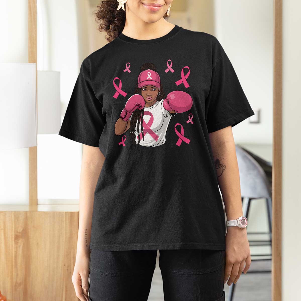 Black Women Fight Breast Cancer Awareness T Shirt For Women Pink Ribbon African American