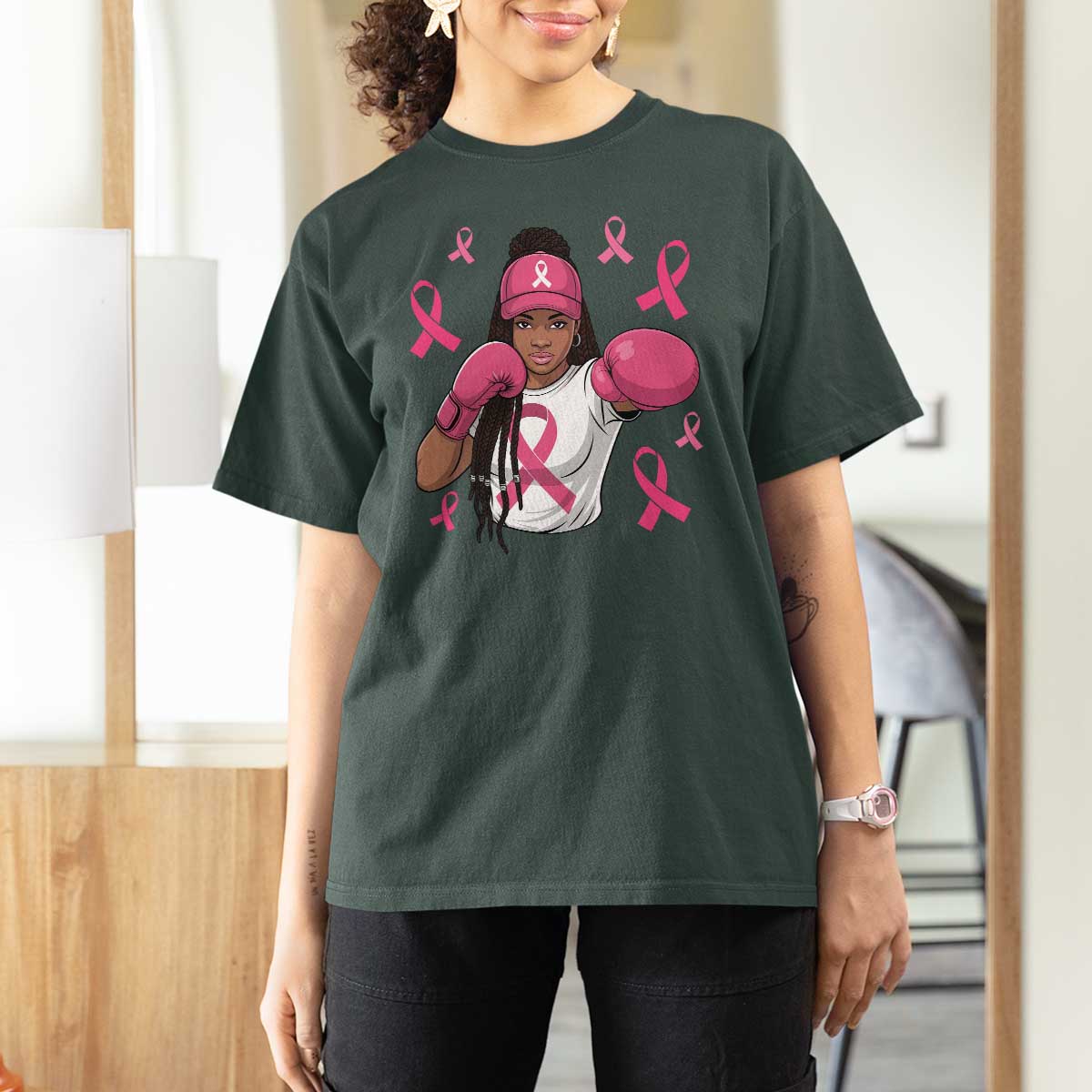 Black Women Fight Breast Cancer Awareness T Shirt For Women Pink Ribbon African American