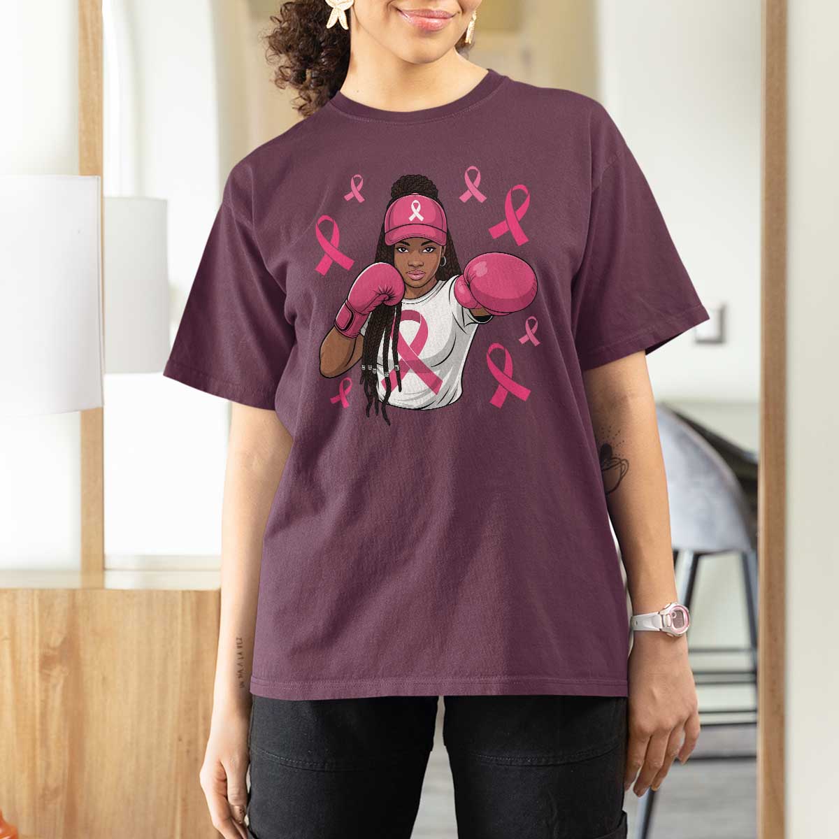 Black Women Fight Breast Cancer Awareness T Shirt For Women Pink Ribbon African American