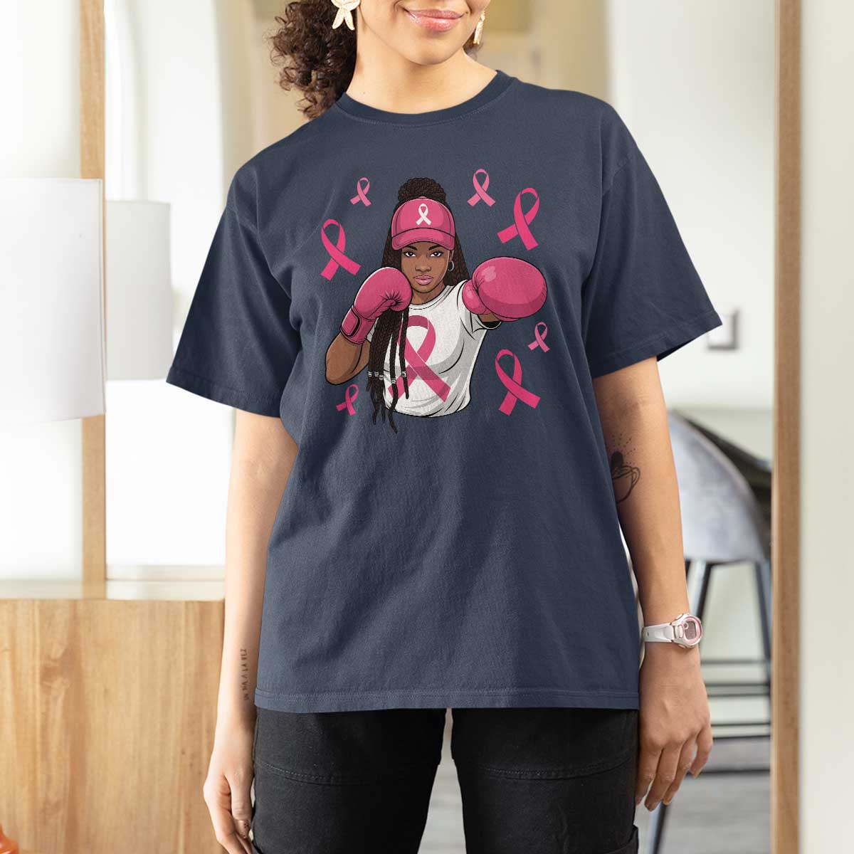 Black Women Fight Breast Cancer Awareness T Shirt For Women Pink Ribbon African American