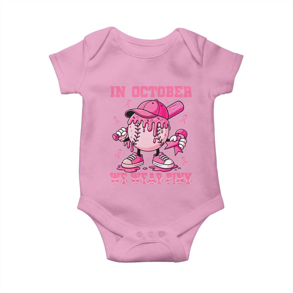 Baseball Breast Cancer Baby Onesie In October We Wear Pink Baseball Drip
