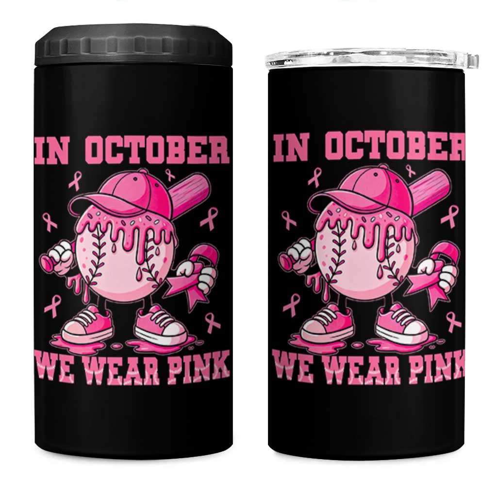 Baseball Breast Cancer 4 in 1 Can Cooler Tumbler In October We Wear Pink Baseball Drip