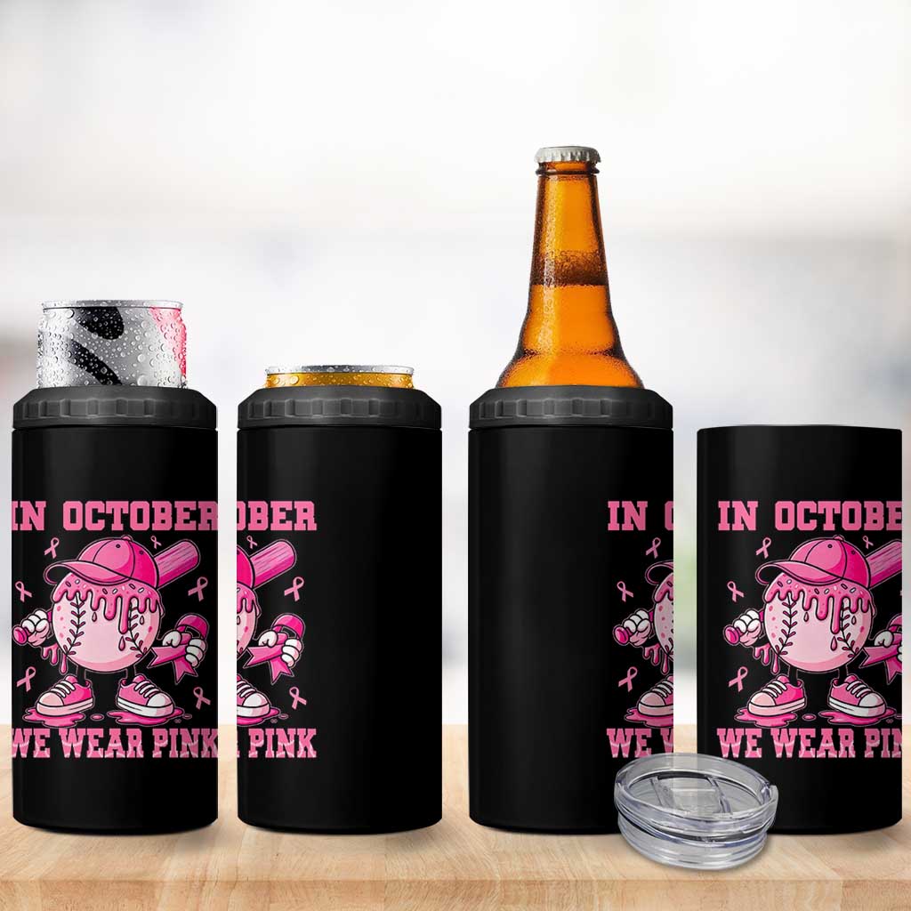 Baseball Breast Cancer 4 in 1 Can Cooler Tumbler In October We Wear Pink Baseball Drip