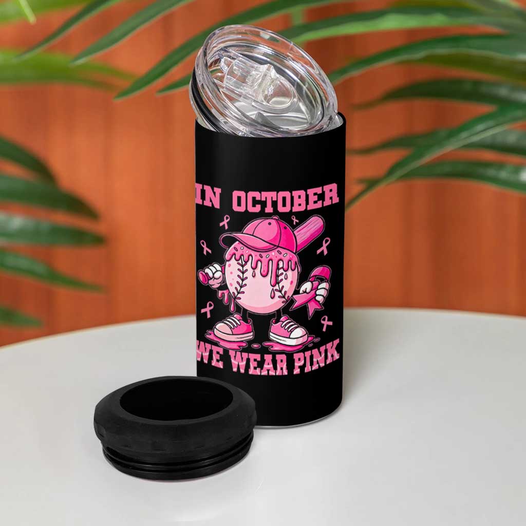 Baseball Breast Cancer 4 in 1 Can Cooler Tumbler In October We Wear Pink Baseball Drip