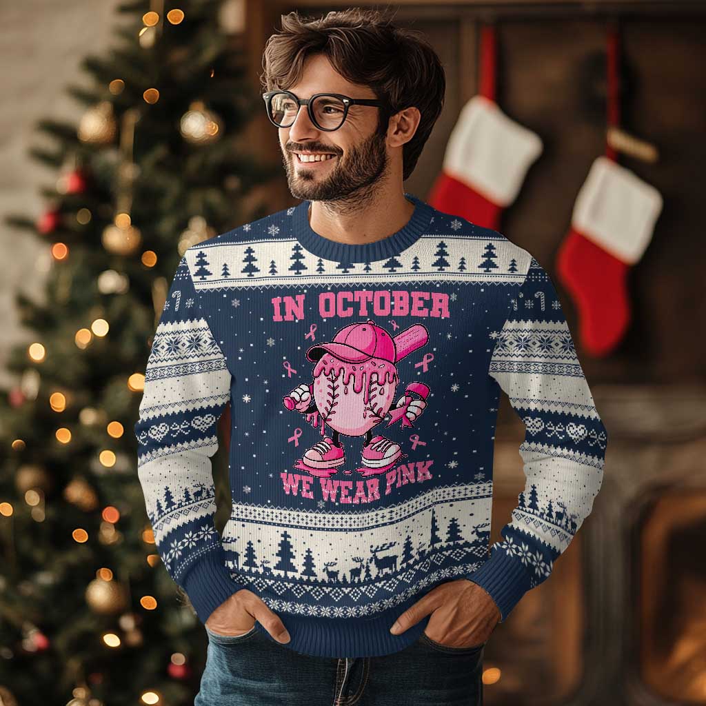 Baseball Breast Cancer Ugly Christmas Sweater In October We Wear Pink Baseball Drip