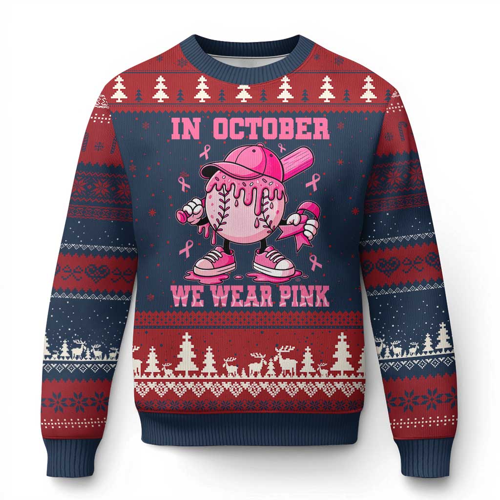 Baseball Breast Cancer Ugly Christmas Sweater In October We Wear Pink Baseball Drip