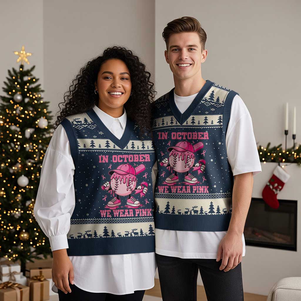 Baseball Breast Cancer V-Neck Knit Sweater Vest In October We Wear Pink Baseball Drip