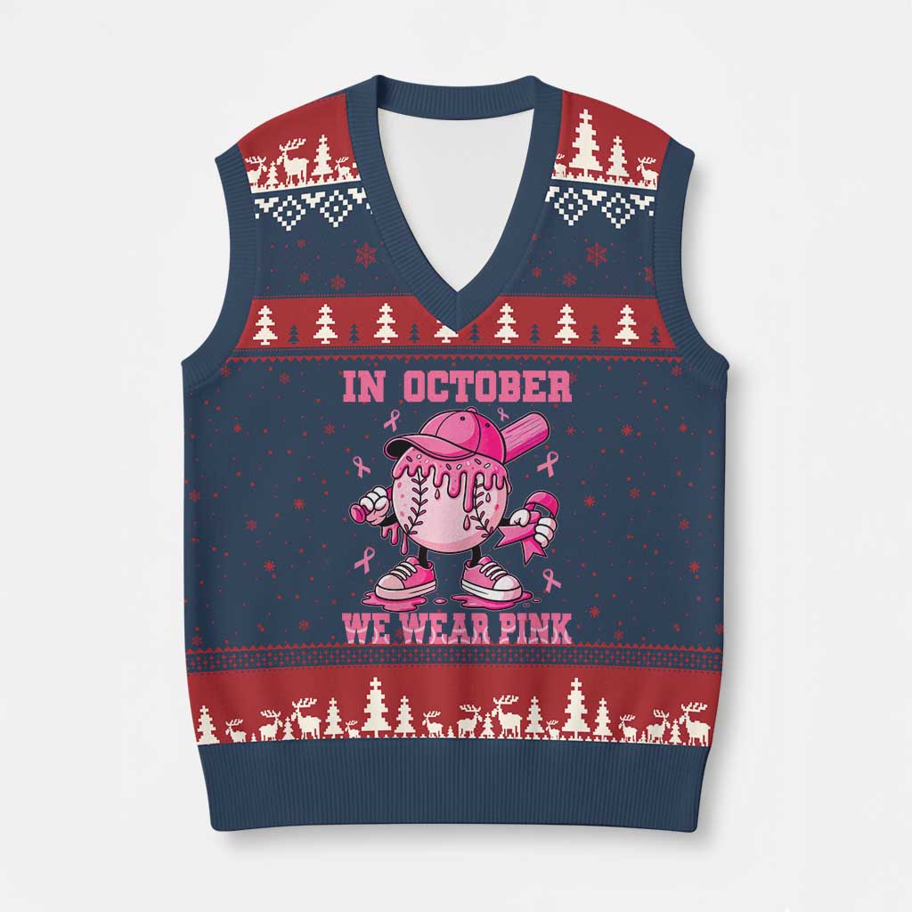 Baseball Breast Cancer V-Neck Knit Sweater Vest In October We Wear Pink Baseball Drip