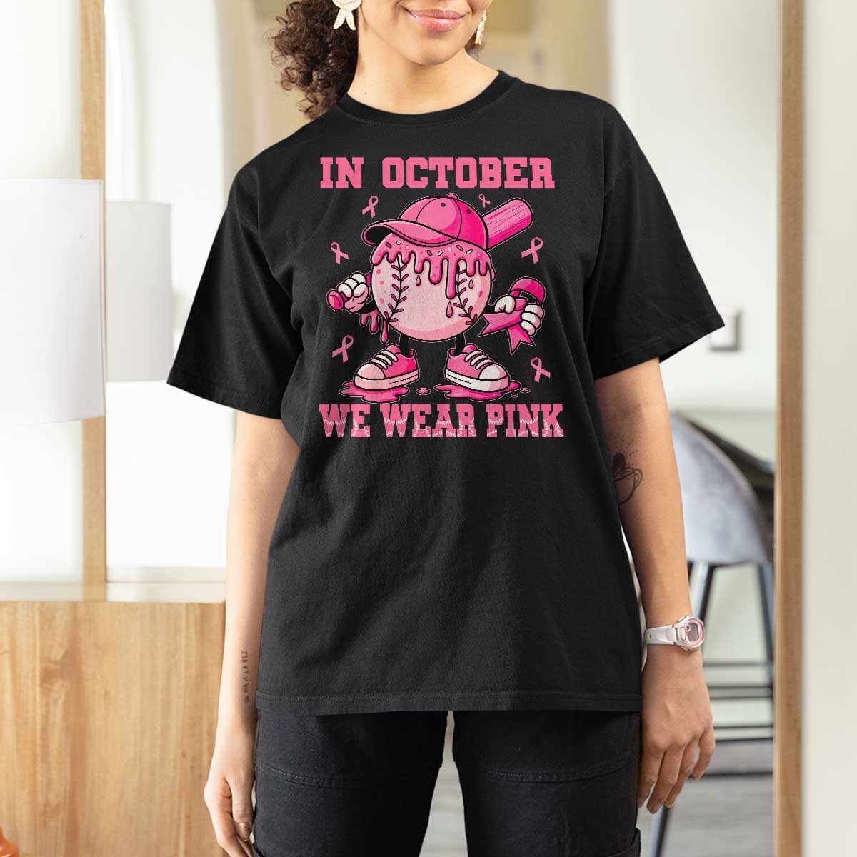 Baseball Breast Cancer T Shirt For Women In October We Wear Pink Baseball Drip