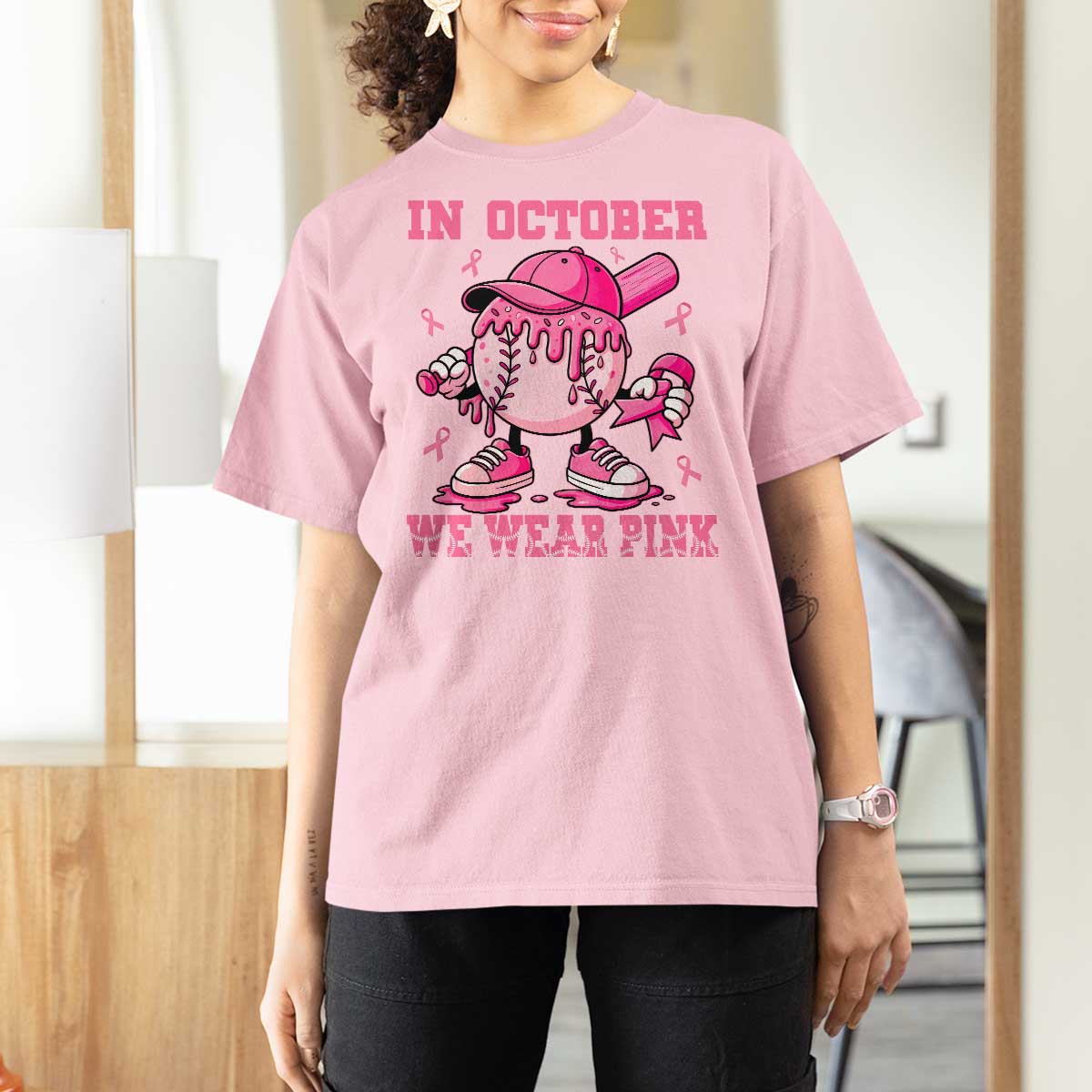 Baseball Breast Cancer T Shirt For Women In October We Wear Pink Baseball Drip