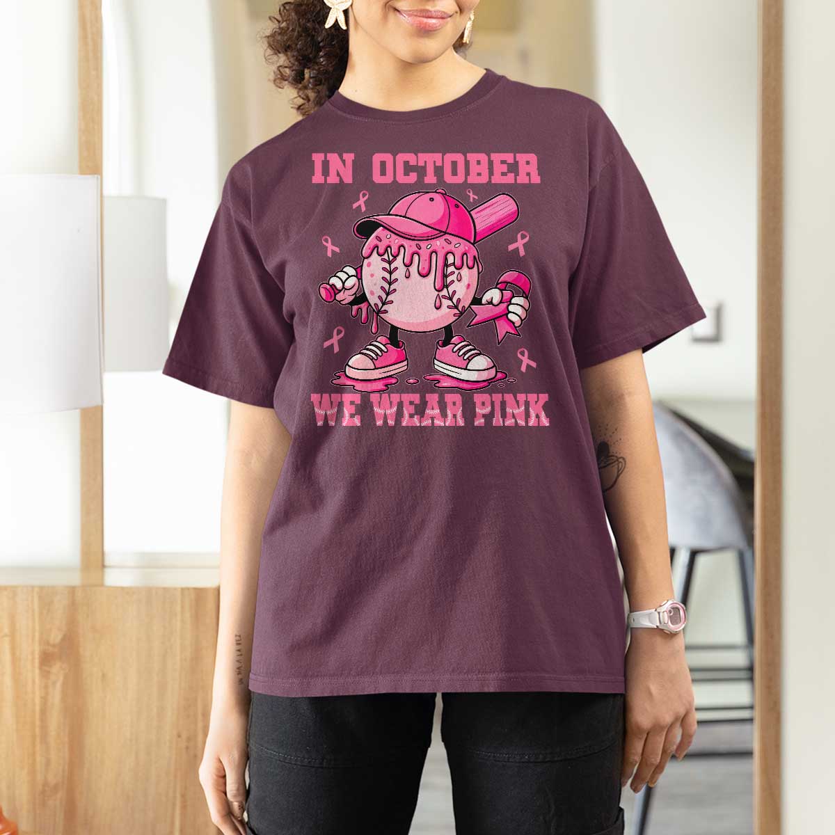 Baseball Breast Cancer T Shirt For Women In October We Wear Pink Baseball Drip