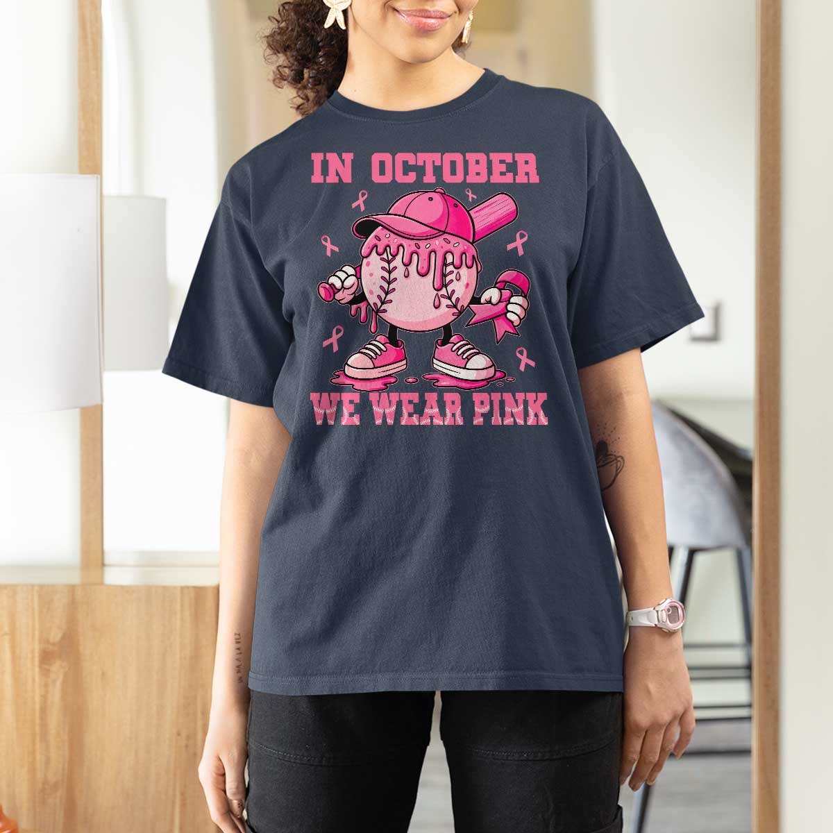 Baseball Breast Cancer T Shirt For Women In October We Wear Pink Baseball Drip