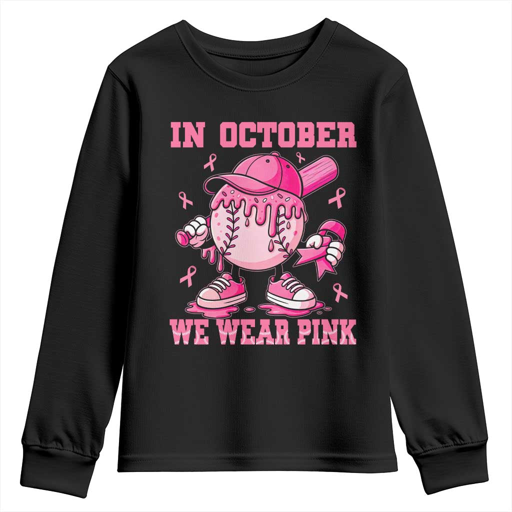 Baseball Breast Cancer Youth Sweatshirt In October We Wear Pink Baseball Drip