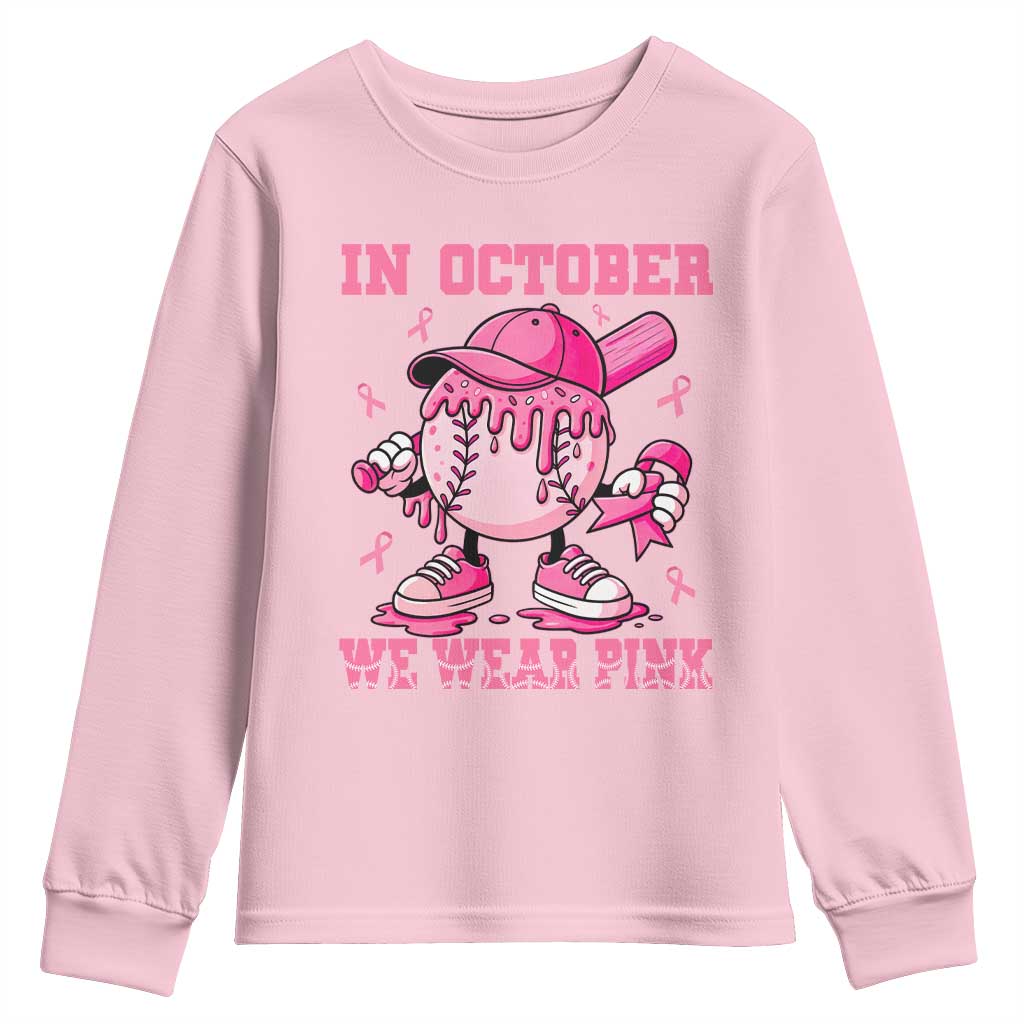 Baseball Breast Cancer Youth Sweatshirt In October We Wear Pink Baseball Drip
